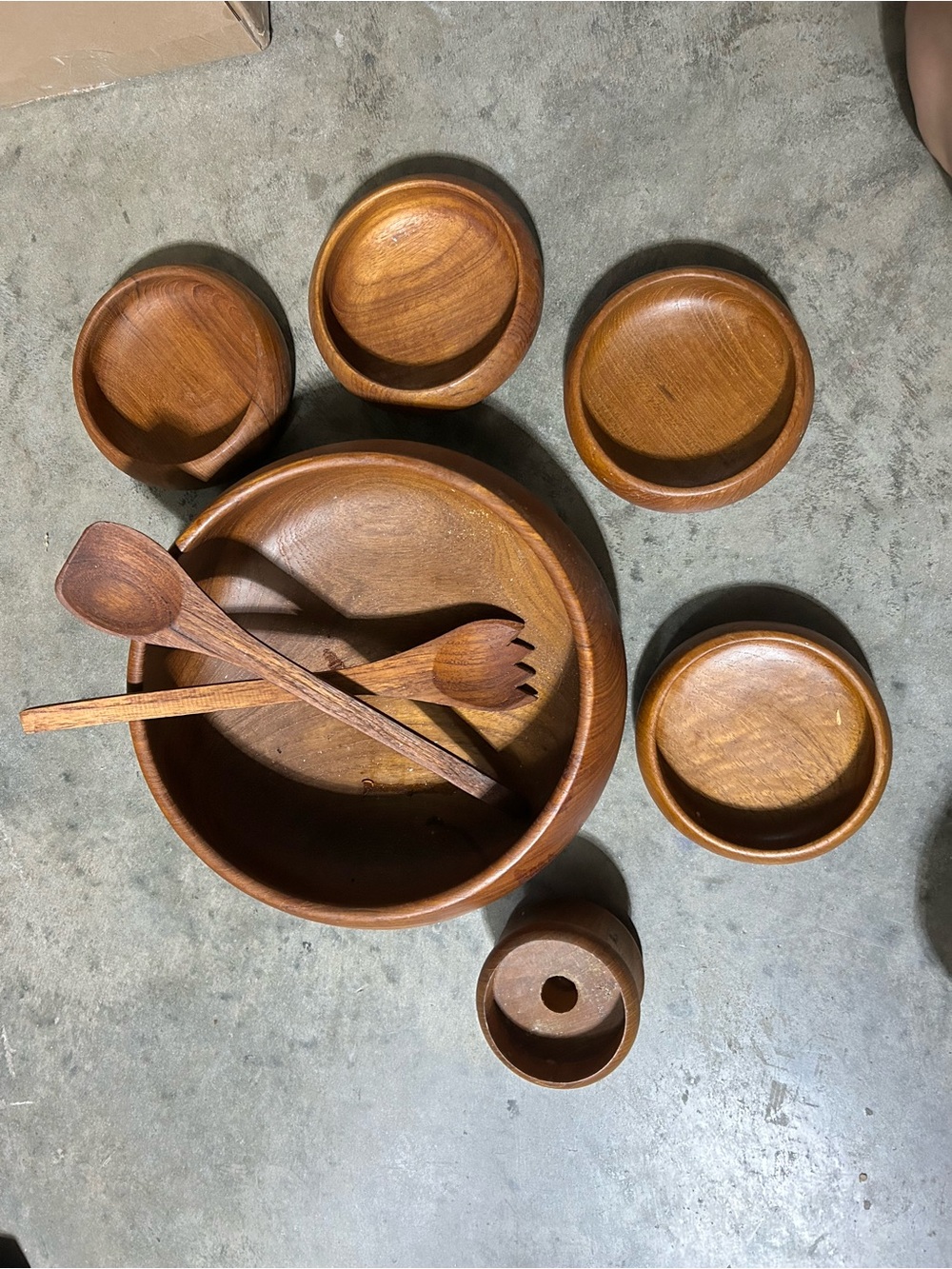Vintage Goodwood Thailand Teak Wood Salad Bowl Set 8 Pc Mid Century